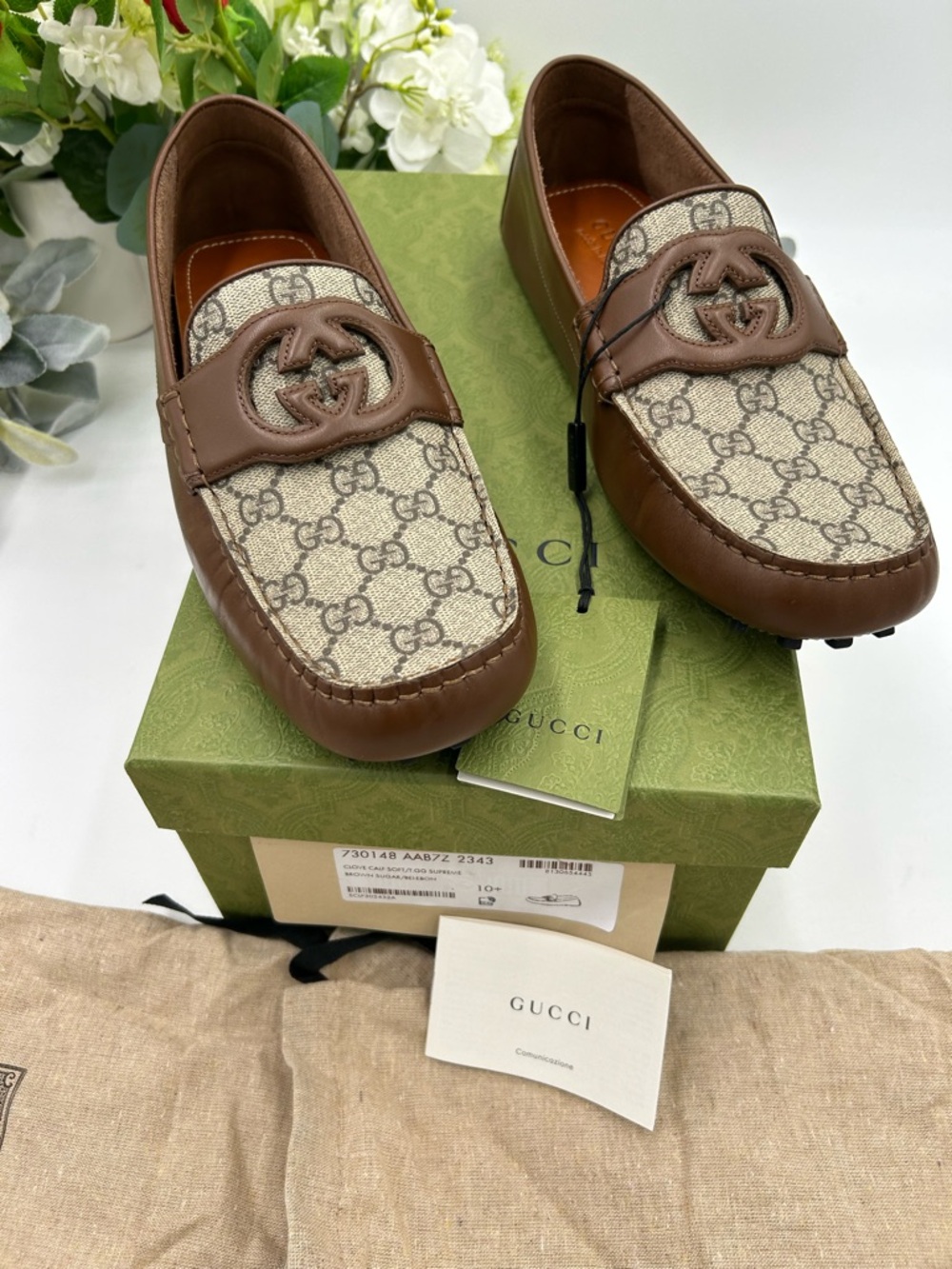 Gucci GG Monogram Brown Leather Driving Loafers